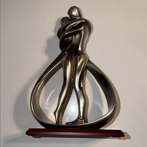 Elegant Silver Couple Sculpture with Wooden Stand. 11,5”X 7”